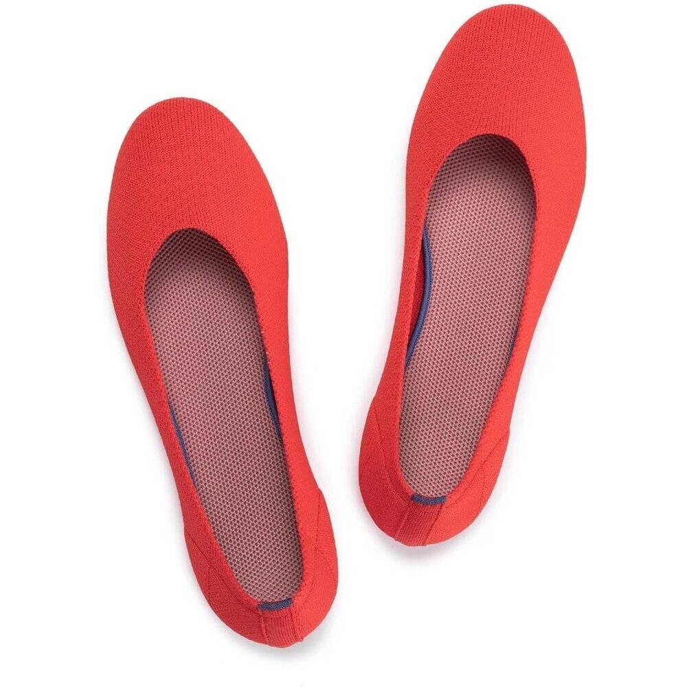 Frank Mully Womenโs Bright Red Knit Fabric Round Toe Slip On Ballet Flat Shoes